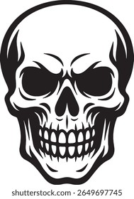 Bold, stylized vector skull with hollow eyes and a sinister grin. Clean black silhouette ideal for gothic, horror, punk, or Halloween-themed art, logos, or decals.