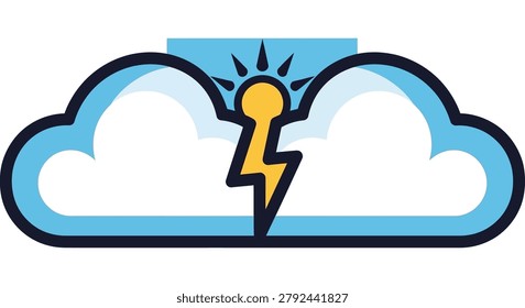 Bold stylized weather icon featuring a cloud, sun, and lightning bolt, ideal for atmospheric forecasts and meteorological applications.