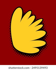 A bold, stylized yellow wing with a comic book flair dominates the foreground against a striking red background, evoking feelings of freedom and movement.