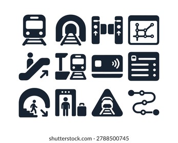 Bold Subway and Metro Transit Icon Set with Train Tunnel Turnstile Route Map Escalator Platform Contactless Card Schedule Underground Checkpoint Warning and Rail Path Symbols