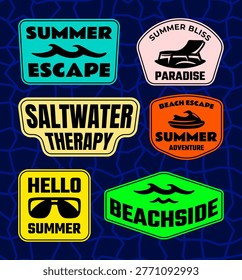 Bold Summer Beach Quote Sticker Pack with Saltwater Therapy, Beachside, Summer Escape, and Vacation Slogans, Colorful Flat Vector Badge Illustrations for Decals T-Shirt Prints, Posters, Logos, Banners