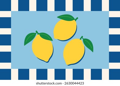 Bold Summer Lemon Illustration on Blue and White Nautical Striped Background – Vibrant Mediterranean-Inspired Vector Art Perfect for Kitchen Decor, Textiles, or Digital Design Projects