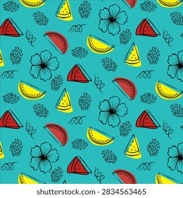 Bold summer pattern featuring watermelon slices, yellow melon wedges, hibiscus flowers, hand-drawn botanical motifs, looping curls, textured marks, dots, plus playful linework on a turquoise background. This seamless arrangement brings together juicy fruit, tropical flora, graphic ornament, fresh color, sunny energy, casual illustration, cheerful repetition, and contemporary textile styling. Suitable for fabric, wallpaper, stationery, packaging, apparel, wrapping paper, and kitchen accessories.