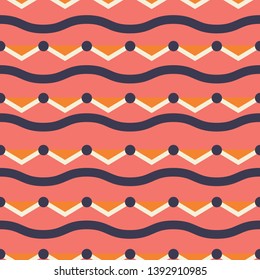 Bold summer wavy stripe seamless pattern. Coral, navy blue and beige geometric repeating vector design. Great for swimwear, textiles, fashion, gift wrapping paper and home decor uses.