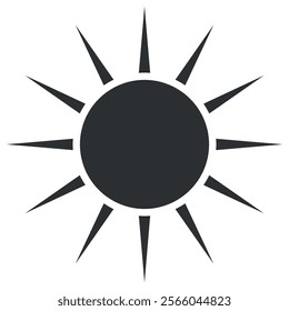 A bold sun vector icon features a solid circular center, surrounded by elongated rays. This design embodies brightness and warmth, suitable for various illustrative contexts.