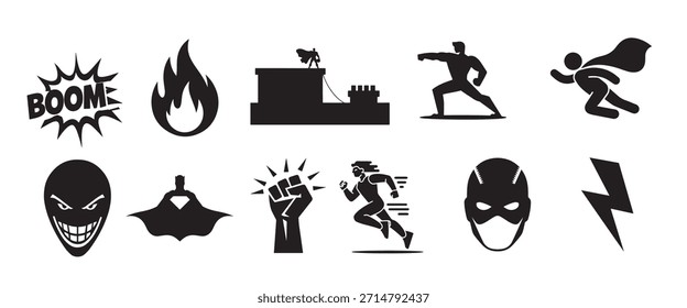 Audaz superhéroe e iconos de acción para diseños digitales dinámicos