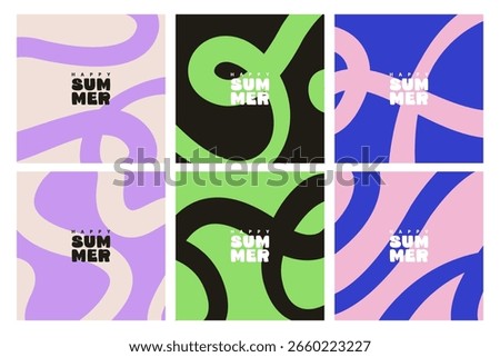 Bold swirl line abstract background set. Vibrant summer poster pack. abstract curve line minimal background bundle. Retro geometric wavy happy summer wallpaper collection. Vibrant wavy line design