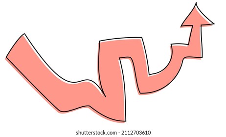Bold swirling up arrow on a white background. Growth indicator in coral color. Vector path pointer, graph and yield dynamics.