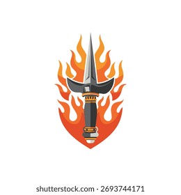 A bold sword emblem surrounded by bright flames, symbolizing strength and courage.