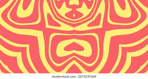Un fondo abstracto audaz y simétrico con Formas fluidas y psicodélicas en coral y amarillo.
