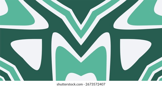 Un Anuncio abstracto audaz y simétrico con un diseño central de espejo que evoca una máscara o la letra M en un estilo gráfico moderno con una paleta de verde oscuro, verde azulado y blanco.