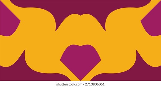 A bold, symmetrical abstract design featuring fluid, mustard yellow shapes mirroring each other against a deep maroon background.