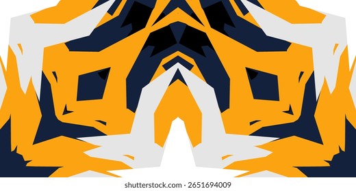 Um fundo geométrico abstrato, simétrico e em negrito, com formas angulares nítidas em um esquema de cores laranja, azul escuro e branco energético.