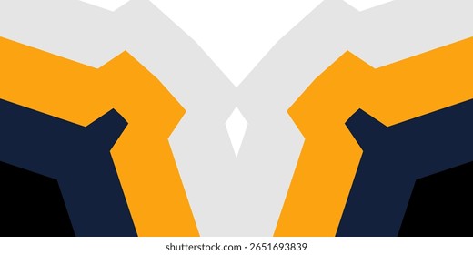 Um gráfico abstrato, arrojado e simétrico, com formas angulares nítidas e uma moderna paleta de cores de laranja, azul-marinho, cinza e preto, sugerindo temas de tecnologia, esportes ou design futurista.