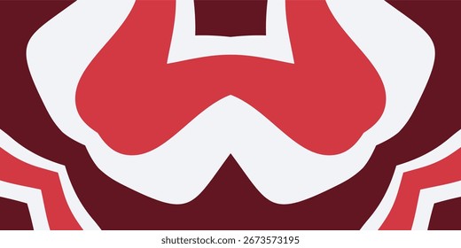 Un gráfico abstracto, simétrico y audaz con Formas poderosas y curvas en un esquema de color rojo, blanco y granate.