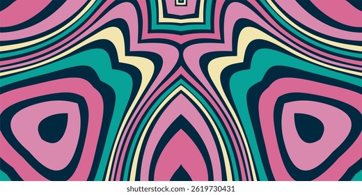 A bold and symmetrical abstract vector background with layered, psychedelic patterns. The design features concentric teardrop and wave like shapes in deep teal, rich magenta, soft yellow, cream, and
