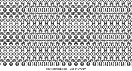 Bold symmetrical black and white ethnic pattern with abstract symbols. Ideal for textiles, print design, and artistic backgrounds in cultural or modern settings.