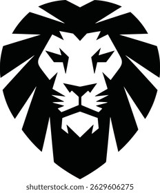 A bold and symmetrical black-and-white lion head logo icon, modern look, symbolizing strength, Perfect for branding, sports teams, corporate identity, luxury brands, and digital design projects