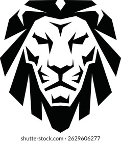 A bold and symmetrical black-and-white lion head logo icon, modern look, symbolizing strength, Perfect for branding, sports teams, corporate identity, luxury brands, and digital design projects