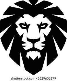 A bold and symmetrical black-and-white lion head logo icon, modern look, symbolizing strength, Perfect for branding, sports teams, corporate identity, luxury brands, and digital design projects