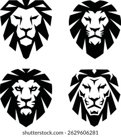 A bold and symmetrical black-and-white lion head logo icon, modern look, symbolizing strength, Perfect for branding, sports teams, corporate identity, luxury brands, and digital design projects