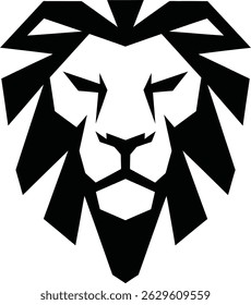 A bold and symmetrical black-and-white lion head logo icon, modern look, symbolizing strength, Perfect for branding, sports teams, corporate identity, luxury brands, and digital design projects