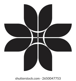 A bold, symmetrical floral pattern with eight black petals in a geometric layout, ideal for modern design or branding.