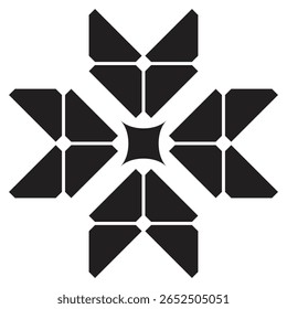 Um desenho geométrico simétrico e arrojado que lembra uma flor ou estrela estilizada, composta por segmentos triangulares afiados e uma forma central.