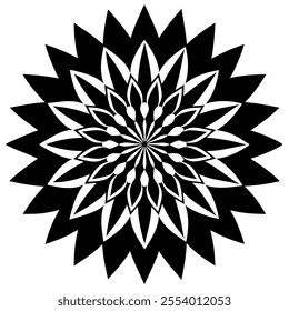 A bold, symmetrical mandala design featuring sharp, overlapping black and white petals radiating from a central point, creating a striking and dynamic visual effect.