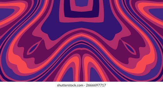 Ein gewagter, symmetrischer psychedelischer Hintergrund mit verzogenen, gespiegelten Kurven, die abstrakte Gesichter in Violett, Magenta und Orange erzeugen.