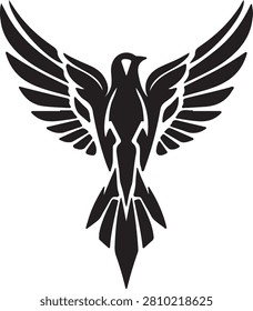 A bold, symmetrical silhouette of an eagle or phoenix designed in a striking tribal art style. This clean and powerful graphic is perfect for logo creation, emblem design, tattoo concepts, sticker art, apparel prints, and various creative branding projects that require an iconic aesthetic.
