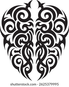 Bold and symmetrical tribal back tattoo design featuring intricate black ink patterns with curved spikes and swirling motifs, perfect for a powerful statement piece.