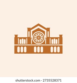 Uma ilustração vetorial arrojada e simétrica de um edifício neoclássico com uma rosácea central e elegantes colunatas arqueadas. Este design de alto contraste captura a essência da arquitetura cívica, museus ou marcos históricos, tornando-o perfeito para marcas culturais e logotipos institucionais.