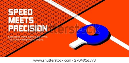 Bold Table Tennis Banner. Dynamic Orange Court Design with Blue Paddle, Ball, and Net Illustrating the Speed, Precision, and High-Energy Action of Competitive Ping Pong for Sports Promotions and Even.