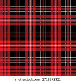 Una llamativa tela escocesa de tartán compuesta por bandas rojas, negras y blancas que se cruzan en anchos variados, formando una llamativa cuadrícula que combina la herencia tradicional escocesa con un impacto visual de alto contraste. Patrón de tela escocesa roja y negra