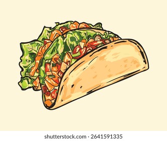 Bold and tasty taco illustration with grilled meat, fresh veggies, and bright colors. Ideal for restaurant branding, food ads, menus, and digital culinary content.