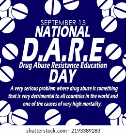 Bold teks and sentences with illustrations of drugs around them on dark blue background to commemorate National Drug Abuse Resitance Education Day on September 15