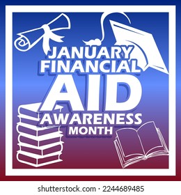 Bold text with books and toga hat icon in frame on gradient background to commemorate Financial Aid Awareness Month on February