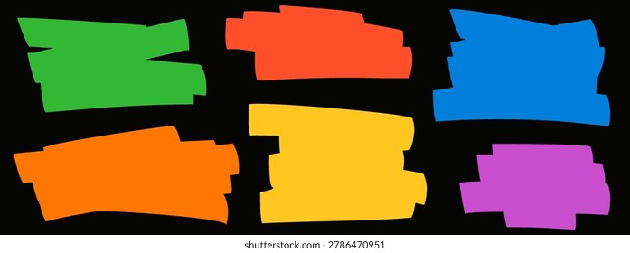 Bold text box frames with marker patch edges for label badges and signs. Highlight emphasis blocks in green orange blue yellow and purple. Vector text box set on black for poster banners isolated.