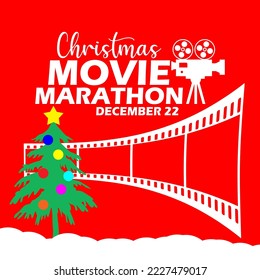 Bold text with camera icon, film reels and a Christmas tree on red background to celebrate Christmas Movie Marathon Day on December 23