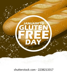 Bold text in circle frame with two pieces of dry bread and flour on dark brown background to commemorate Gluten-Free Day on January 13