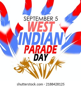 Bold text with colorful feather decoration on white background to commemorate West Indian Day Parade on September 5th