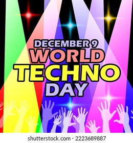 Bold text with colorful lights shining in a party crowd to celebrate Techno Day on December 9