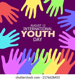 Bold text with colorful various hands decorations on dark purple background to celebrate International Youth Day on August 12