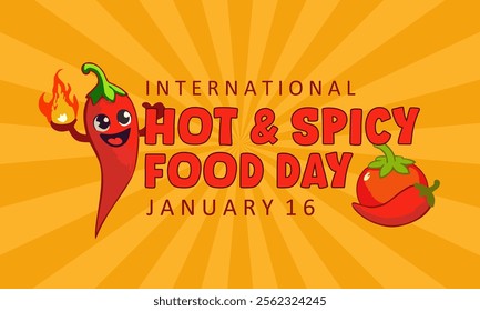 Bold text with cute illustration of smiling chili pepper holding fire, accompanied by a tomato, on a gradient turquoise background to commemorate International Hot and Spicy Food Day on January 16.