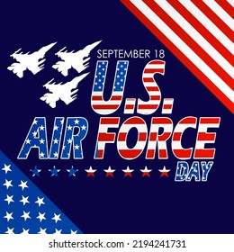 Texto en negrita decorado con la bandera estadounidense con tres aviones de combate y estrellas de fondo azul oscuro para conmemorar el Día de la Fuerza Aérea de Estados Unidos el 18 de setiembre