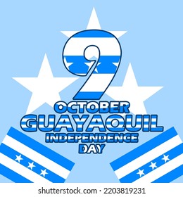 Bold text decorated with Ecuador flags and stars on a light blue background to commemorate Guayaquil Independence Day on October 9