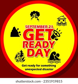 Kühner Text mit Katastrophensymbolen wie Gewitter, Überschwemmungen, Tsunami, Waldbrand und Erdrutsche in Rahmen auf gelbem Hintergrund zum Gedenken an den "Get Ready Day"am 21. September