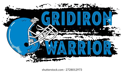 Texto en negrita “GRIDIRON WARRIOR” con el fondo azul del casco, negro y plata y pincelada dinámica. Ideal para ropa deportiva, marca de equipo, gráficas de fútbol, Mercancía de fanáticos y diseño promocional.