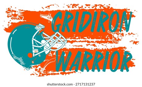 Bold “GRIDIRON WARRIOR” text with helmet orange, aqua and blue and dynamic brushstroke background. Ideal for sports apparel, team branding, football graphics, fan merchandise, and promotional design.